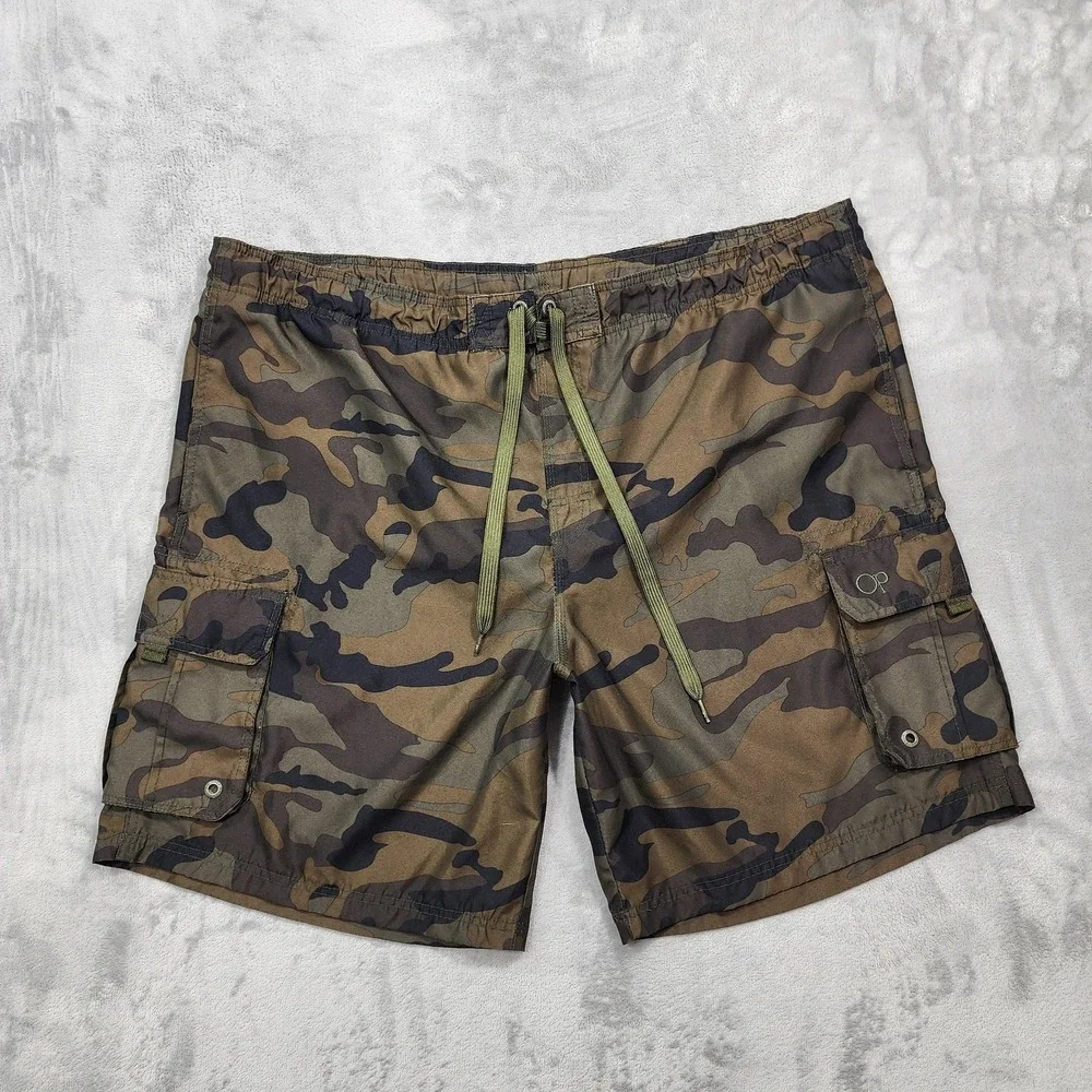 Op Swim Trunks Mens 2XL Green Camo Cargo Lined Drawstring Pockets Beach Summer